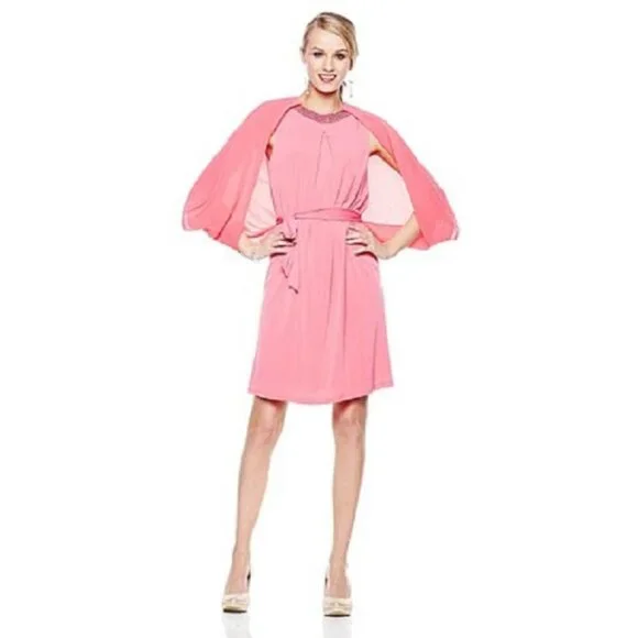 Badgley Mischka Red Dress Jewel Neck w/Matching Chiffon Cape Dress SMALL  &  2X - Picture 6 of 8